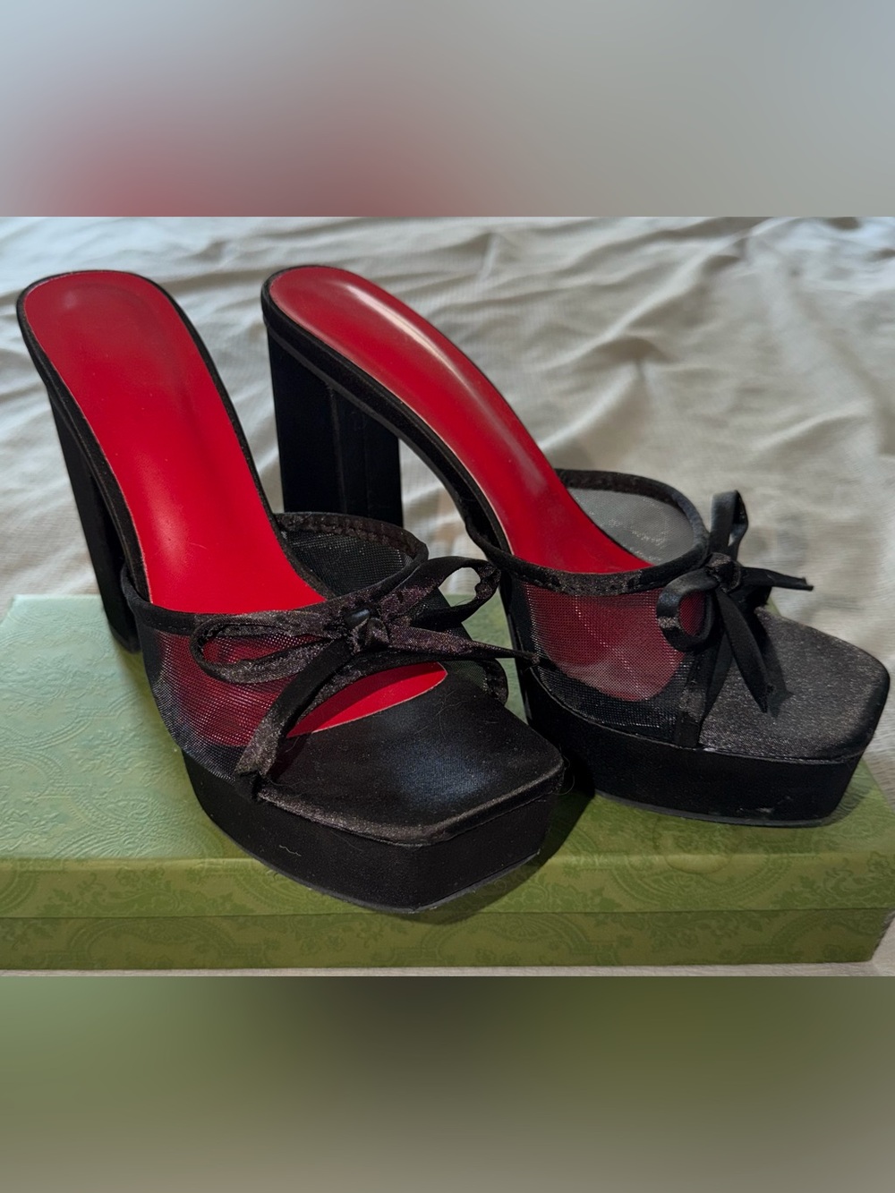 Black Mesh Platform High-Heel Mules - Women's